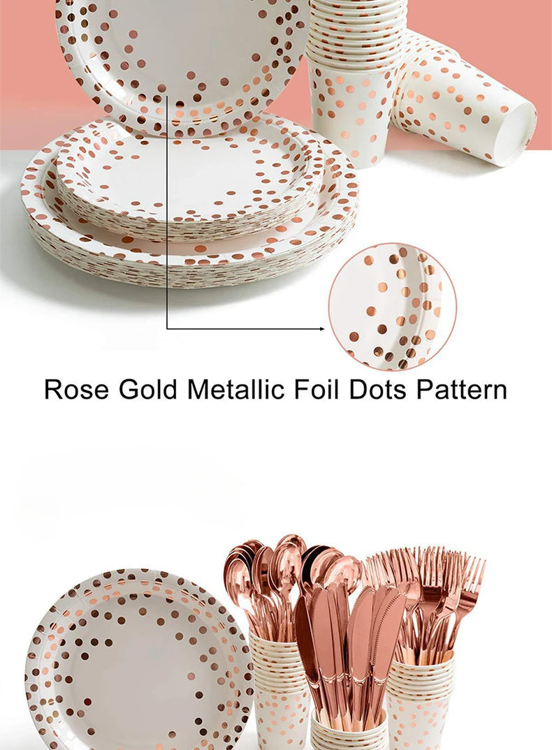 Rose Gold Party Tableware Kit Table Cloth Knife Fork Spoon Paper Cup Plate Straws Baby Shower Wedding Birthday Party Decorations