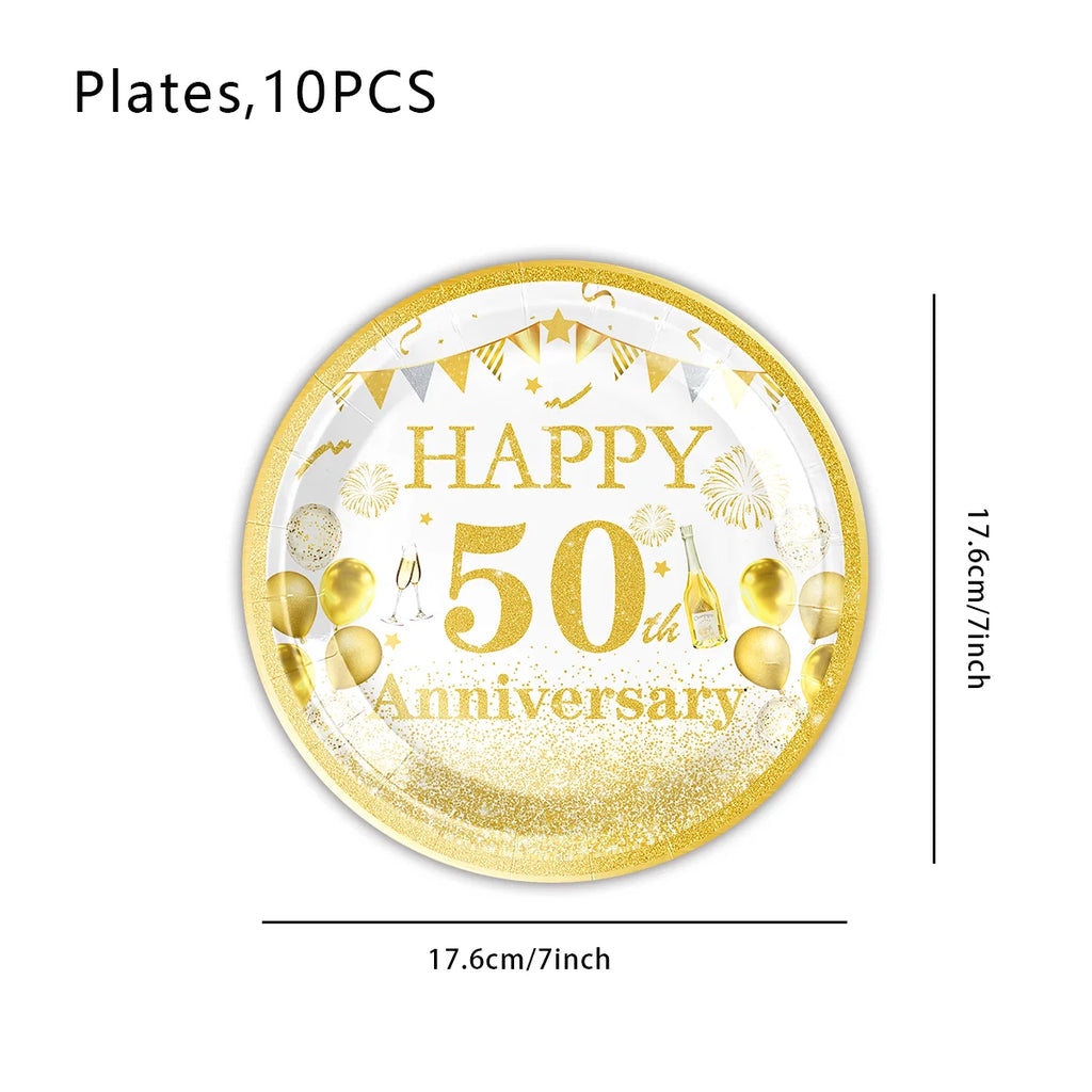 Happy 50th birthday party table supplies, white and gold theme, napkins, 7inch paper cups, tablecloth, plates,  party decoration