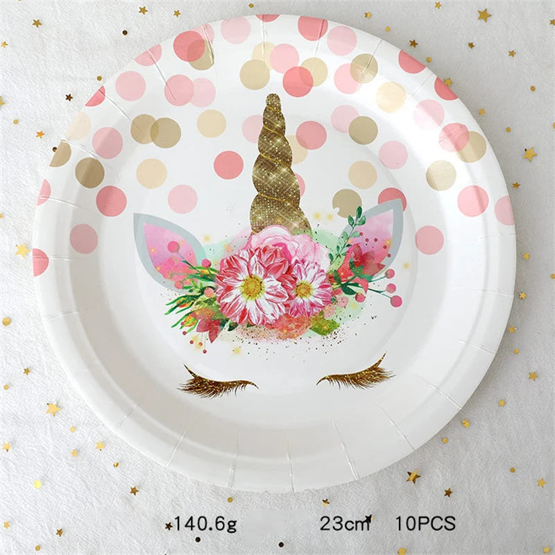 Unicorn Party Disposable Tableware Creative Girls Unicorn Plates Color Stickers Paper Straws Baby Shower Birthday Party Decor