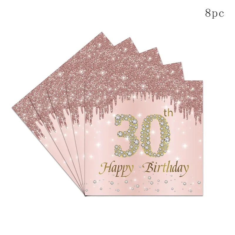 8Guests Rose Gold 30 Year Old Disposable Tableware Set 30 Years Tablecover Paper Plates Happy 30 Women 30th Birthday Ballon