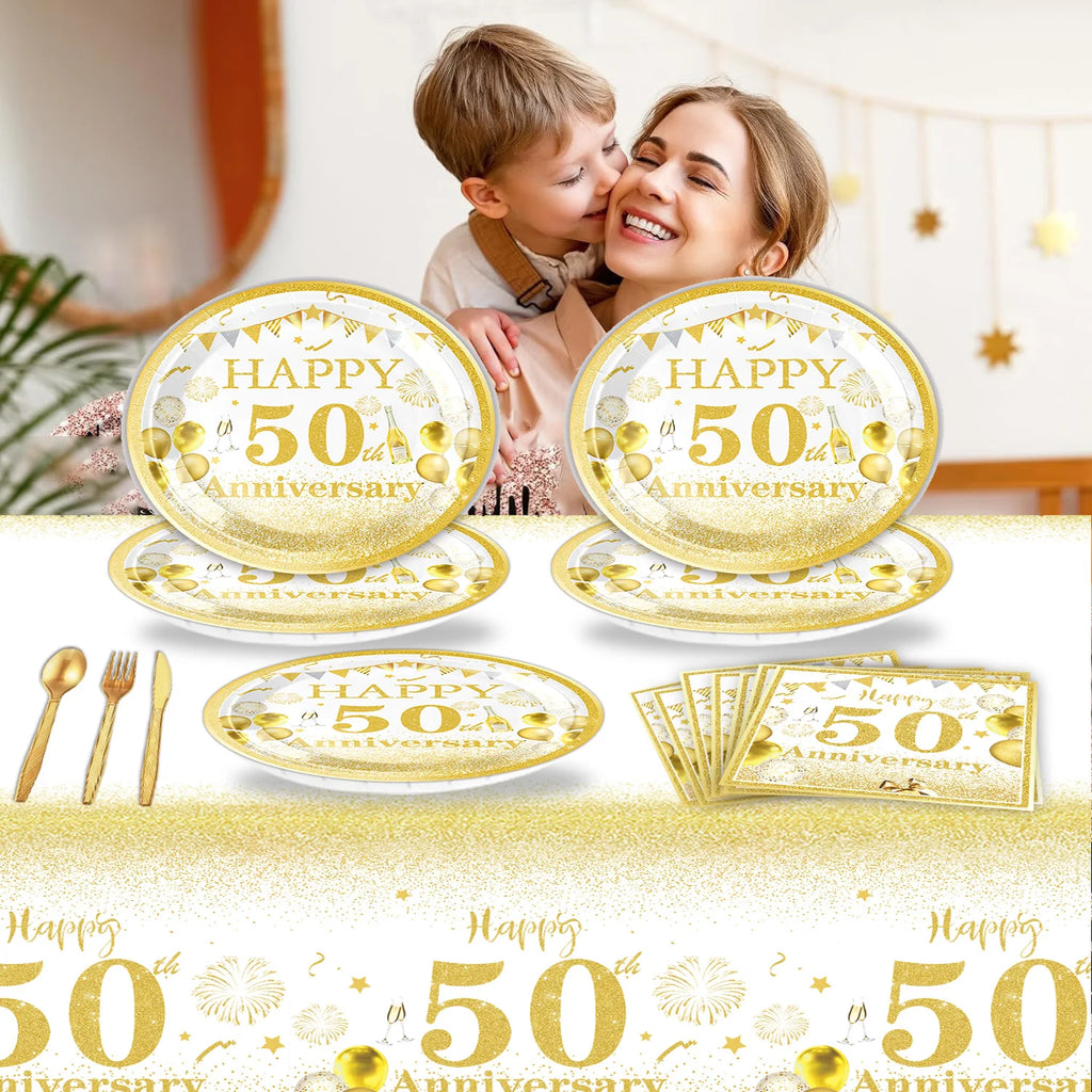 Happy 50th birthday party table supplies, white and gold theme, napkins, 7inch paper cups, tablecloth, plates,  party decoration