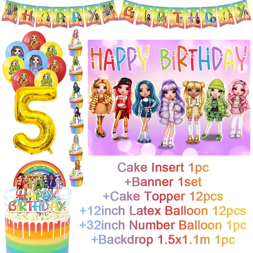 Cartoon Rainbow Doll High School Theme Background Birthday Party Decoration Supplies Disposable Cup Cutlery Balloon Baby Gift