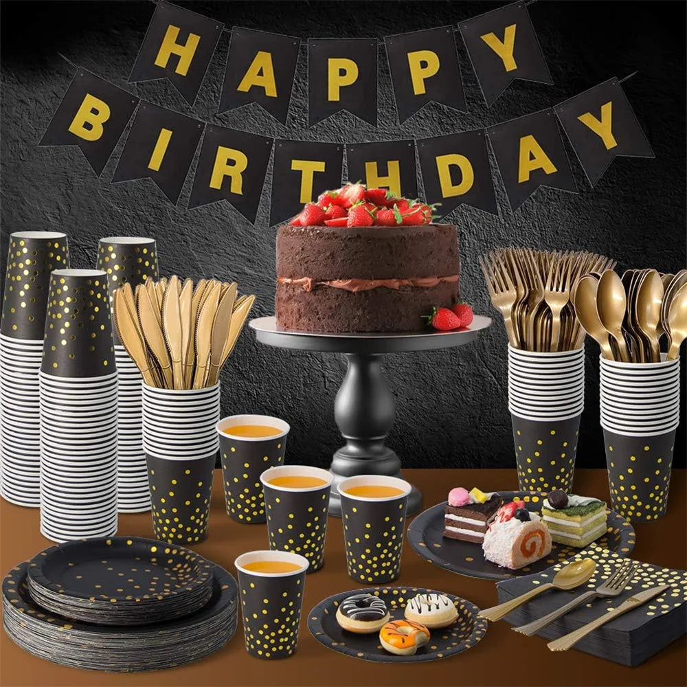 Black and Gold Party Supplies Disposable Party Tableware Gold Dot Paper Plate Black Napkin Cup for Graduation Birthday Wedding
