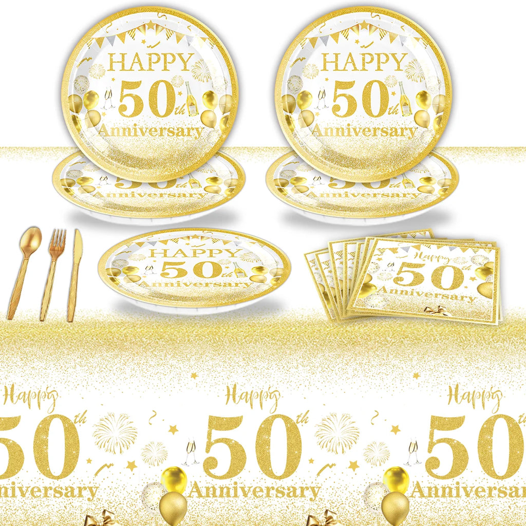 Happy 50th birthday party table supplies, white and gold theme, napkins, 7inch paper cups, tablecloth, plates,  party decoration