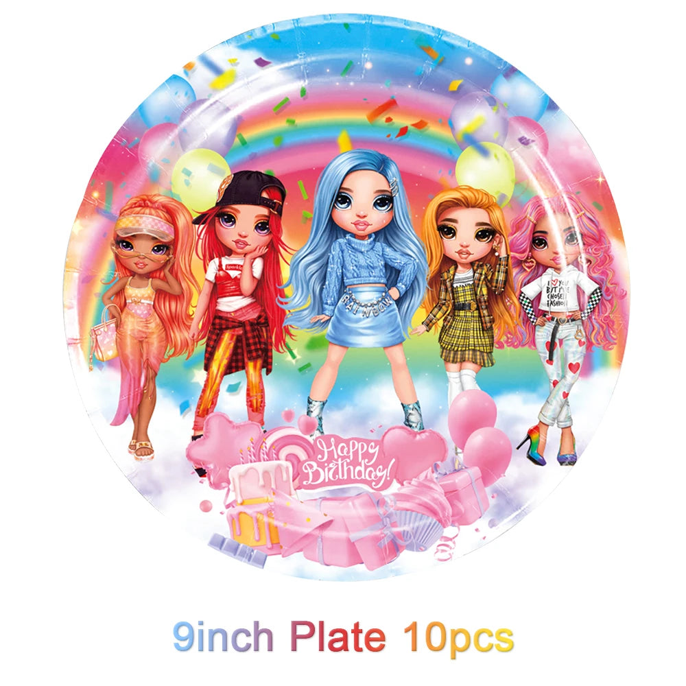 Cartoon Rainbow Doll High School Theme Background Birthday Party Decoration Supplies Disposable Cup Cutlery Balloon Baby Gift