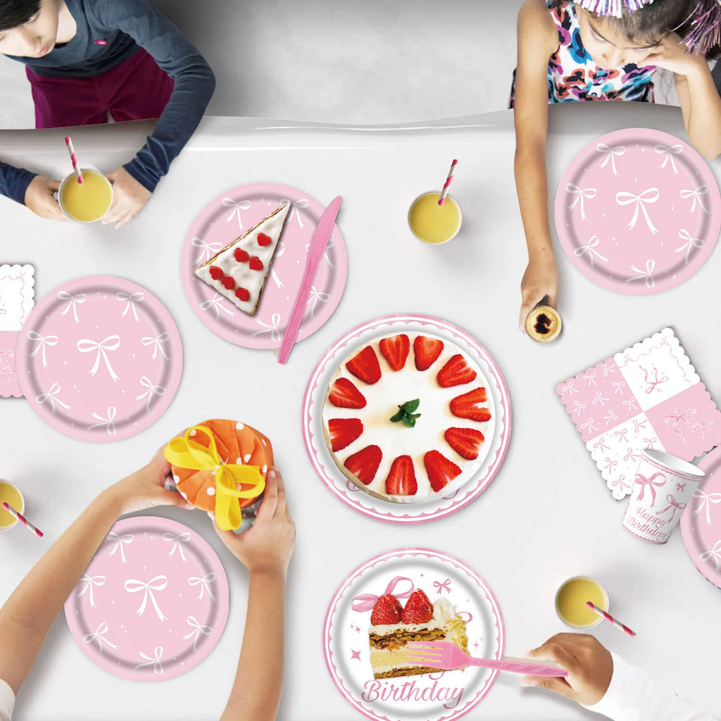 Pink Bow Tie Disposable Tableware Birthday Party Supplies Festival Tableware Pink Pattern Plate Mat Disposable Paper Cups Knive