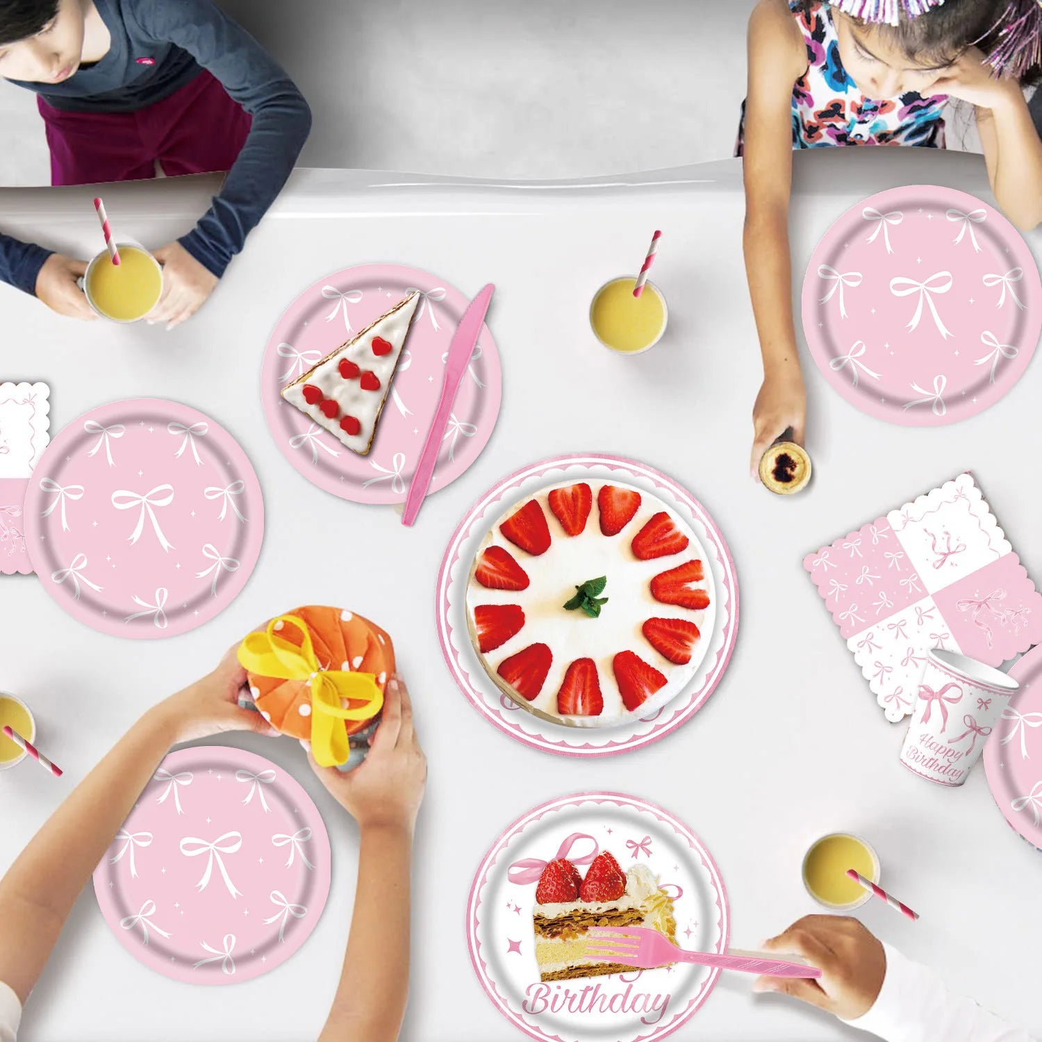 Pink Bow Tie Disposable Tableware Birthday Party Supplies Festival Tableware Pink Pattern Plate Mat Disposable Paper Cups Knive