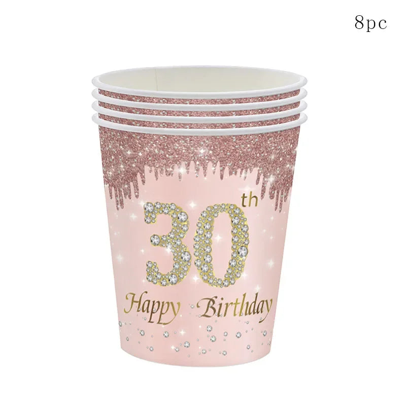 8Guests Rose Gold 30 Year Old Disposable Tableware Set 30 Years Tablecover Paper Plates Happy 30 Women 30th Birthday Ballon