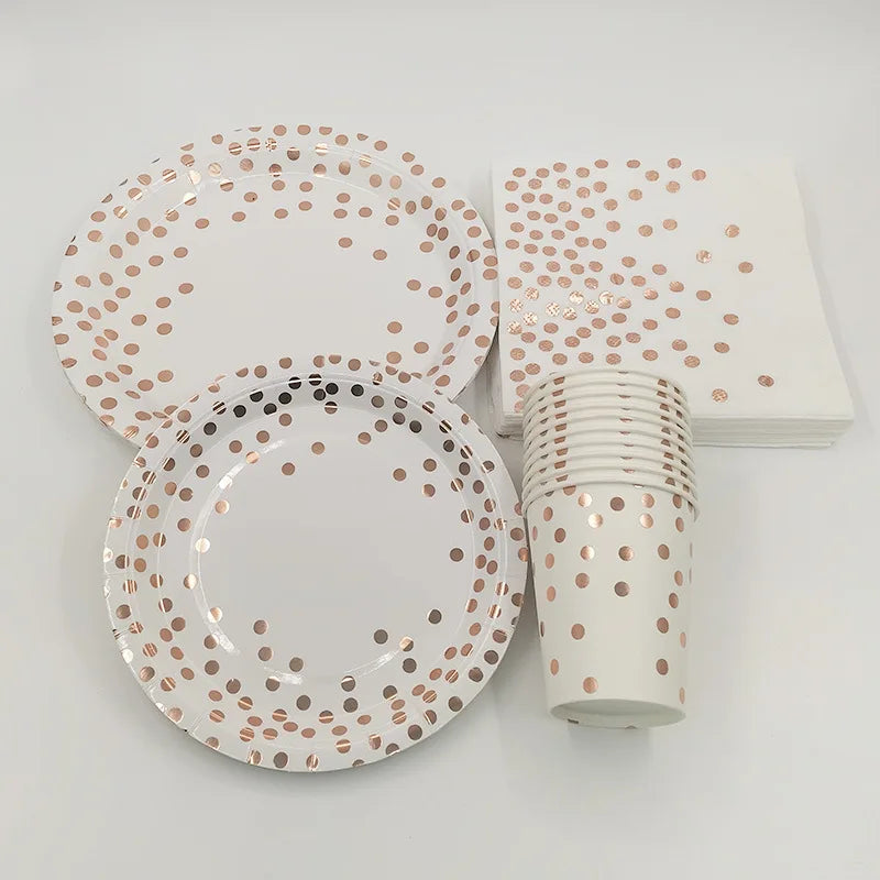 Rose Gold Party Tableware Kit Table Cloth Knife Fork Spoon Paper Cup Plate Straws Baby Shower Wedding Birthday Party Decorations