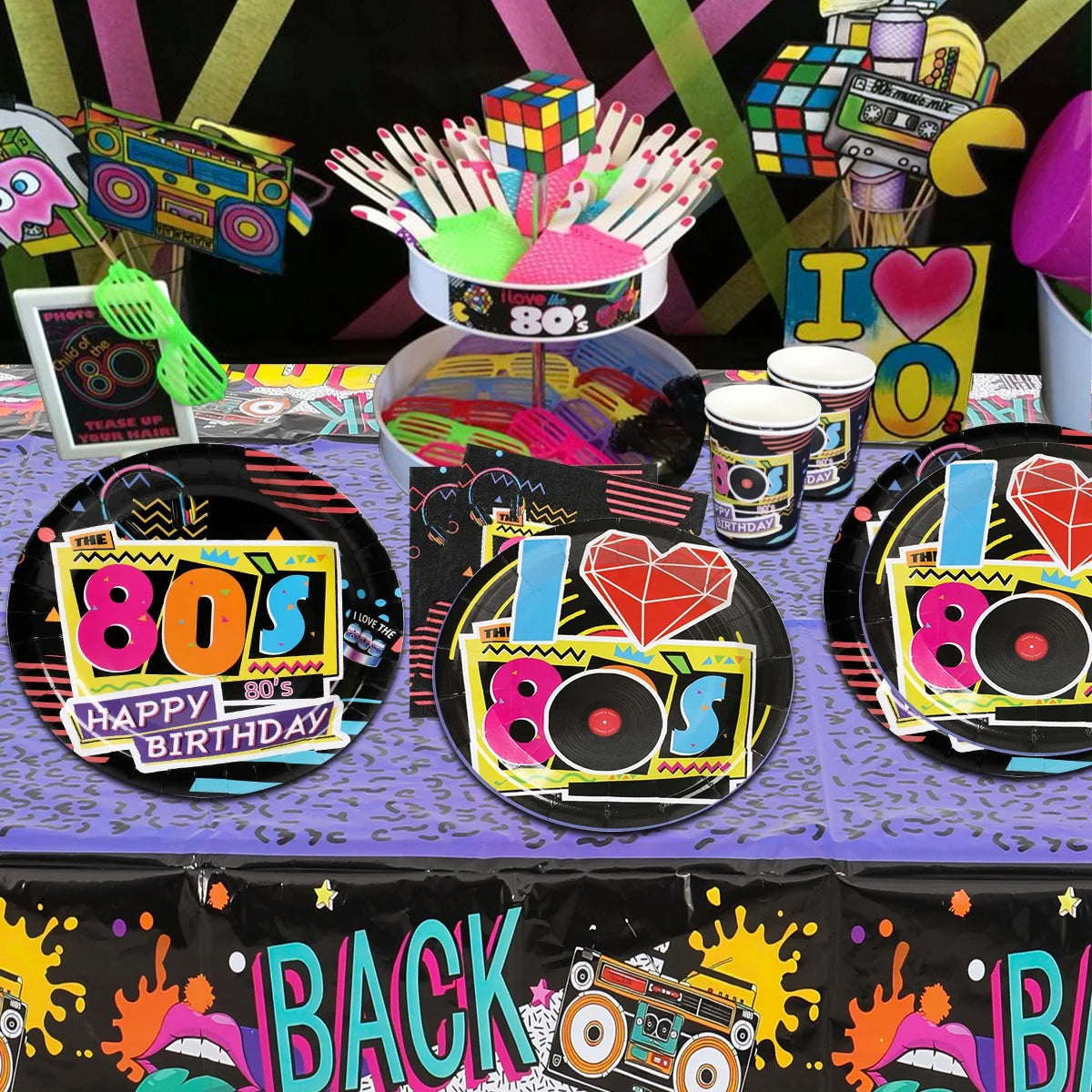 80’s Party Tableware Set 1980s Birthday Hip Hop Party Table Decorations Supplies Back to the 80’s Plates Napkins Cup Tablecloth