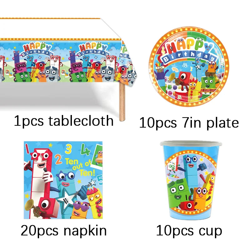 Number Blocks Party Decorations Plate Cup Tablecloth Cake Topper Balloons Building Blocks Theme Kids Birthday Party Supplies