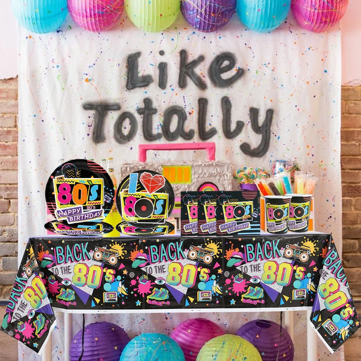 80’s Party Tableware Set 1980s Birthday Hip Hop Party Table Decorations Supplies Back to the 80’s Plates Napkins Cup Tablecloth