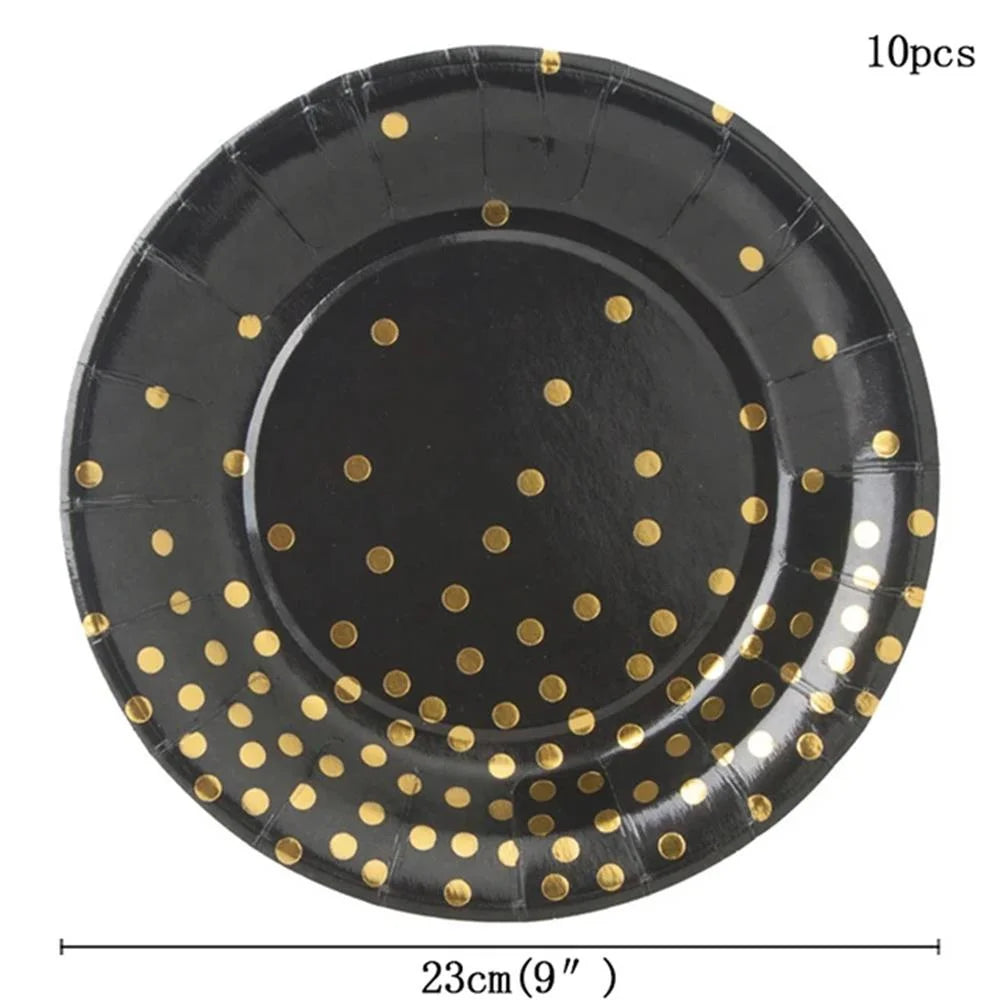 Black and Gold Party Supplies Disposable Party Tableware Gold Dot Paper Plate Black Napkin Cup for Graduation Birthday Wedding