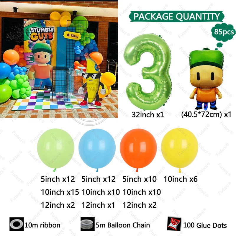 85PCS Game Stumble Guy Theme Balloon Arch Set 32inch Green Number Balloon Boy Girl Birthday Party Decortion Baby Shower Globos