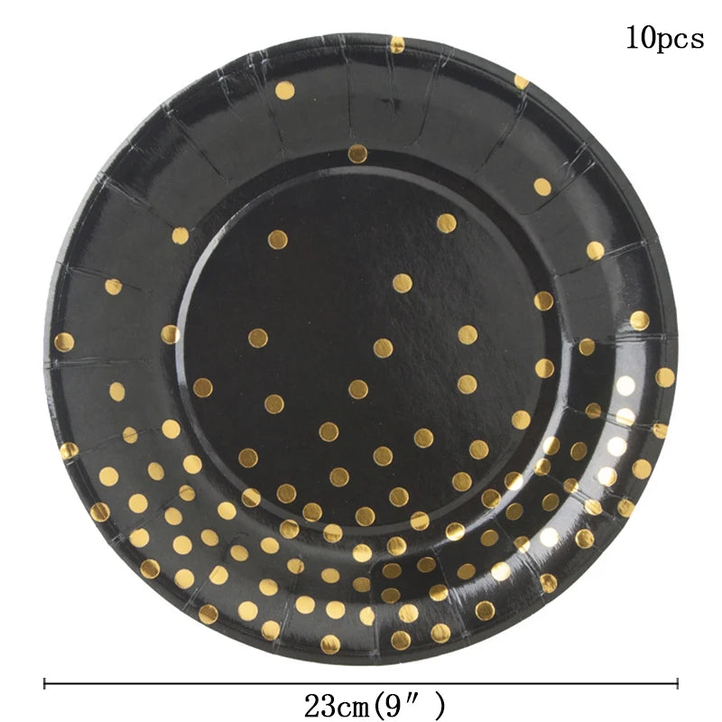 Black and Gold Party Supplies Disposable Party Tableware Gold Dot Paper Plate Black Napkin Cup for Graduation Birthday Wedding