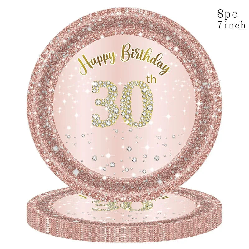 8Guests Rose Gold 30 Year Old Disposable Tableware Set 30 Years Tablecover Paper Plates Happy 30 Women 30th Birthday Ballon