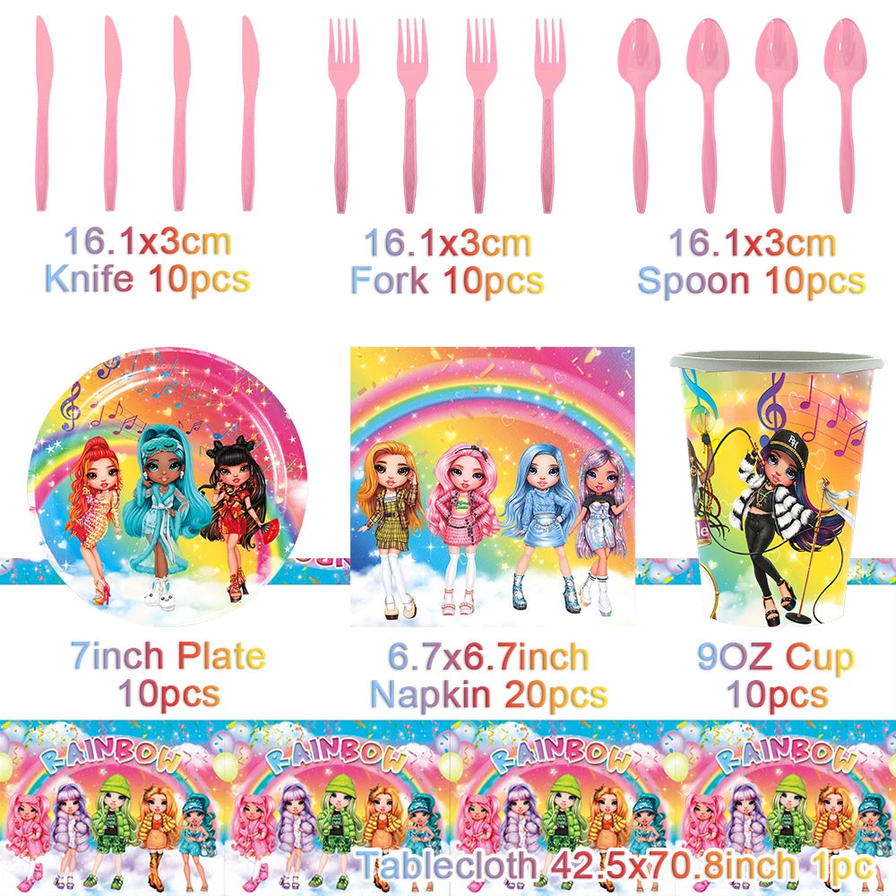 Cartoon Rainbow Doll High School Theme Background Birthday Party Decoration Supplies Disposable Cup Cutlery Balloon Baby Gift