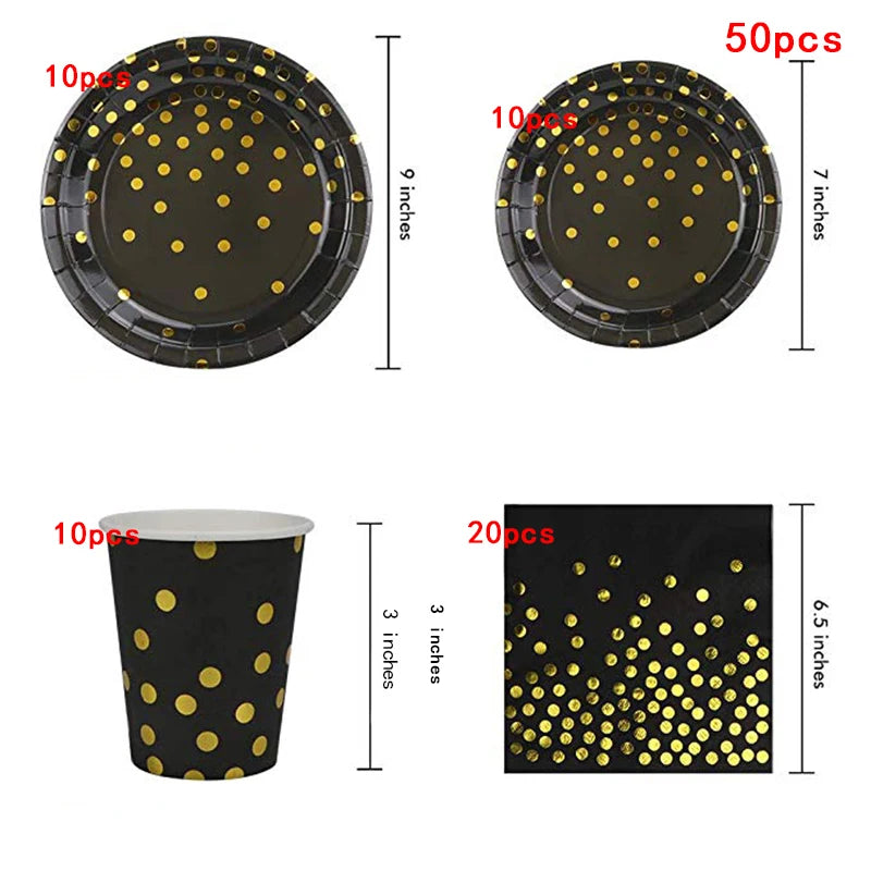 Black and Gold Party Supplies Disposable Party Tableware Gold Dot Paper Plate Black Napkin Cup for Graduation Birthday Wedding