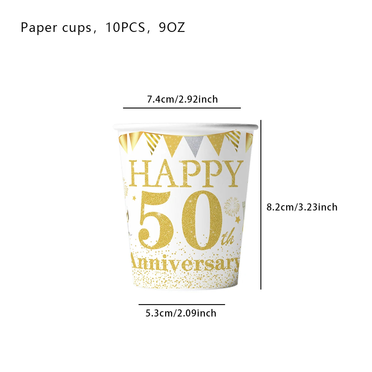 Happy 50th birthday party table supplies, white and gold theme, napkins, 7inch paper cups, tablecloth, plates,  party decoration