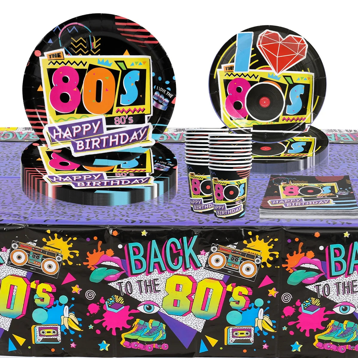 80’s Party Tableware Set 1980s Birthday Hip Hop Party Table Decorations Supplies Back to the 80’s Plates Napkins Cup Tablecloth