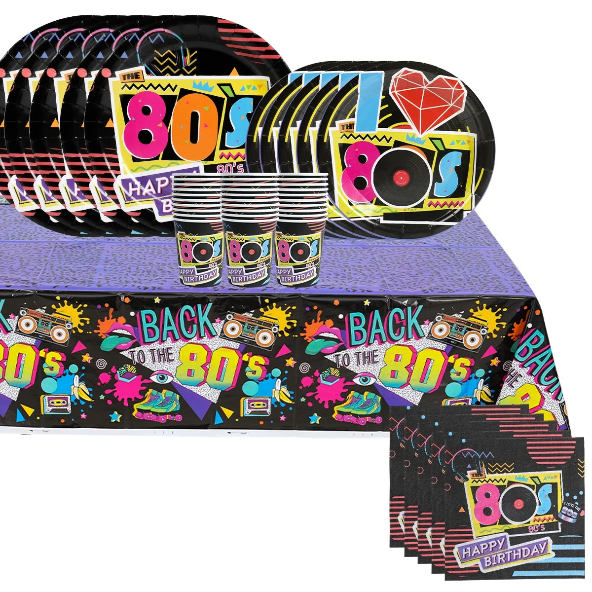 80’s Party Tableware Set 1980s Birthday Hip Hop Party Table Decorations Supplies Back to the 80’s Plates Napkins Cup Tablecloth