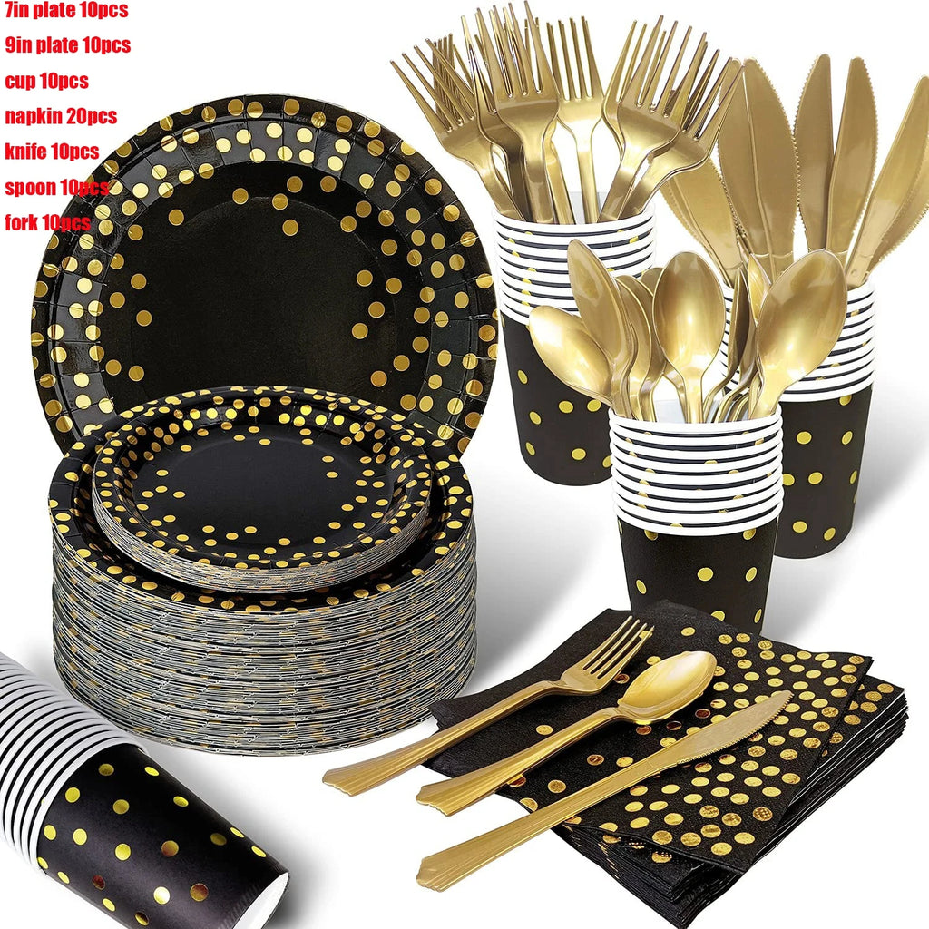 Black and Gold Party Supplies Disposable Party Tableware Gold Dot Paper Plate Black Napkin Cup for Graduation Birthday Wedding