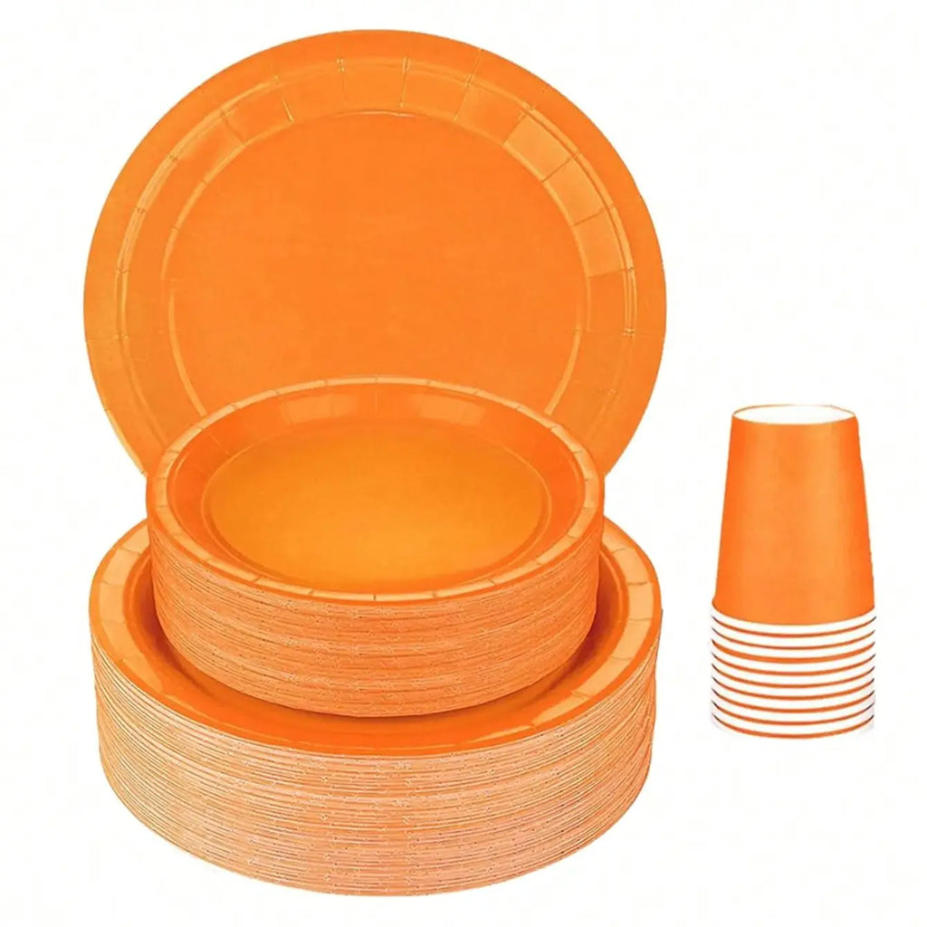 Orange Party Supplies Set Include Paper Plastic Spoons Forks Knives 9/7 Inch Disposable Dinner Dessert Plates ﻿