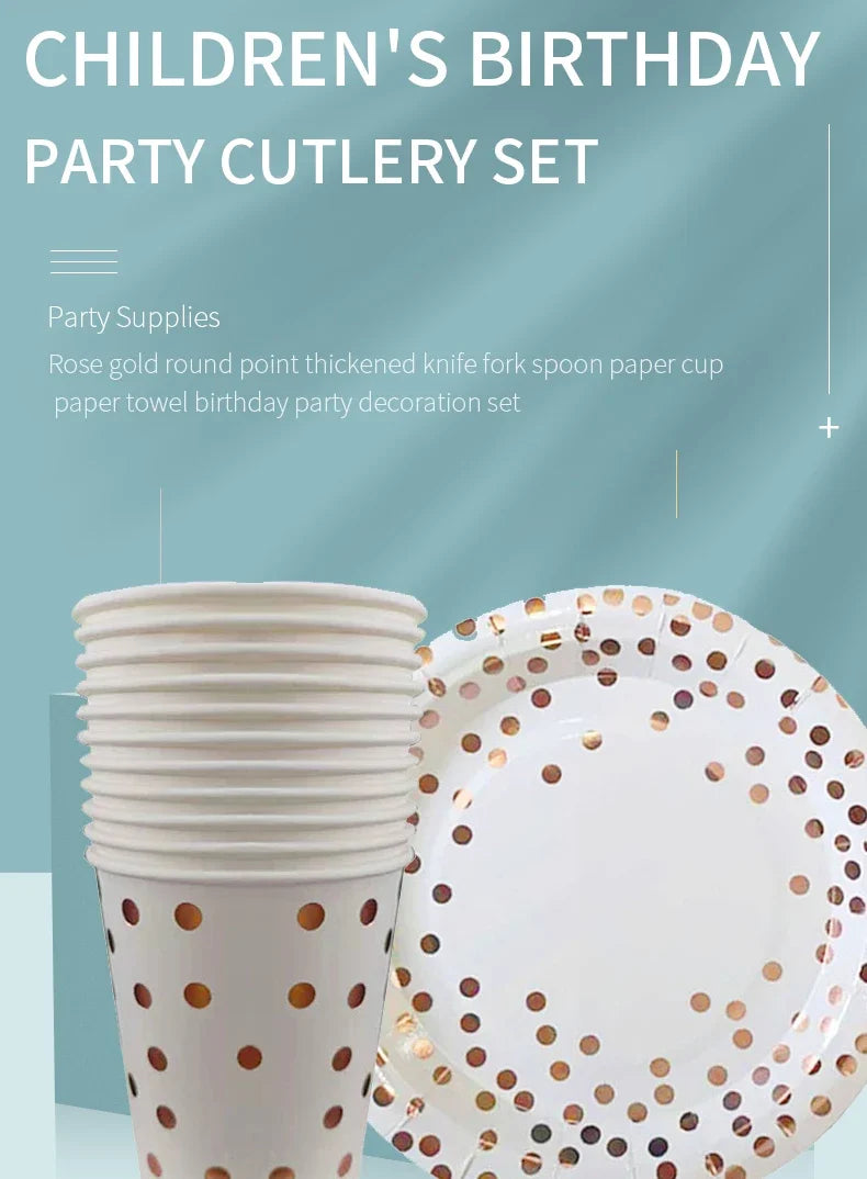 Rose Gold Party Tableware Kit Table Cloth Knife Fork Spoon Paper Cup Plate Straws Baby Shower Wedding Birthday Party Decorations