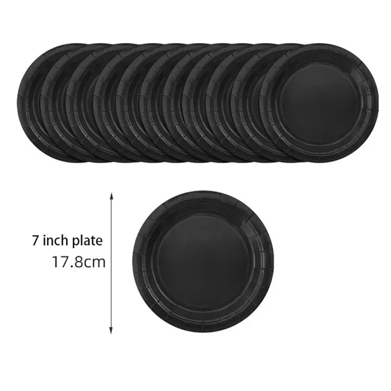 Solid Black Theme Tableware Birthday Party Disposable Cutlery Paper Napkins Cups Plates Tablecloths Fork Spoon Party Decorations