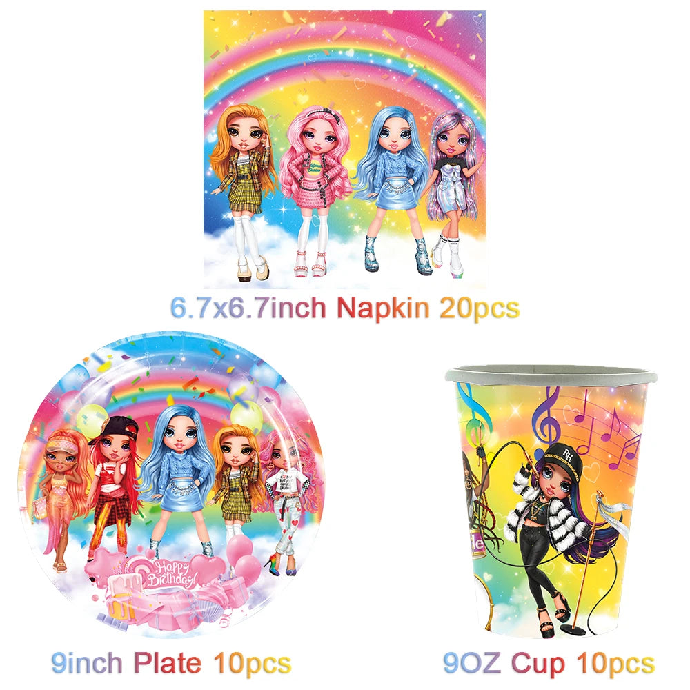 Cartoon Rainbow Doll High School Theme Background Birthday Party Decoration Supplies Disposable Cup Cutlery Balloon Baby Gift