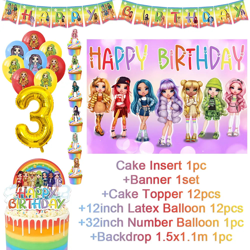 Cartoon Rainbow Doll High School Theme Background Birthday Party Decoration Supplies Disposable Cup Cutlery Balloon Baby Gift