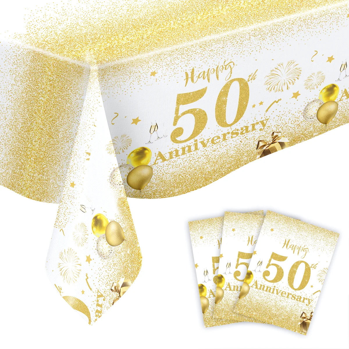Happy 50th birthday party table supplies, white and gold theme, napkins, 7inch paper cups, tablecloth, plates,  party decoration