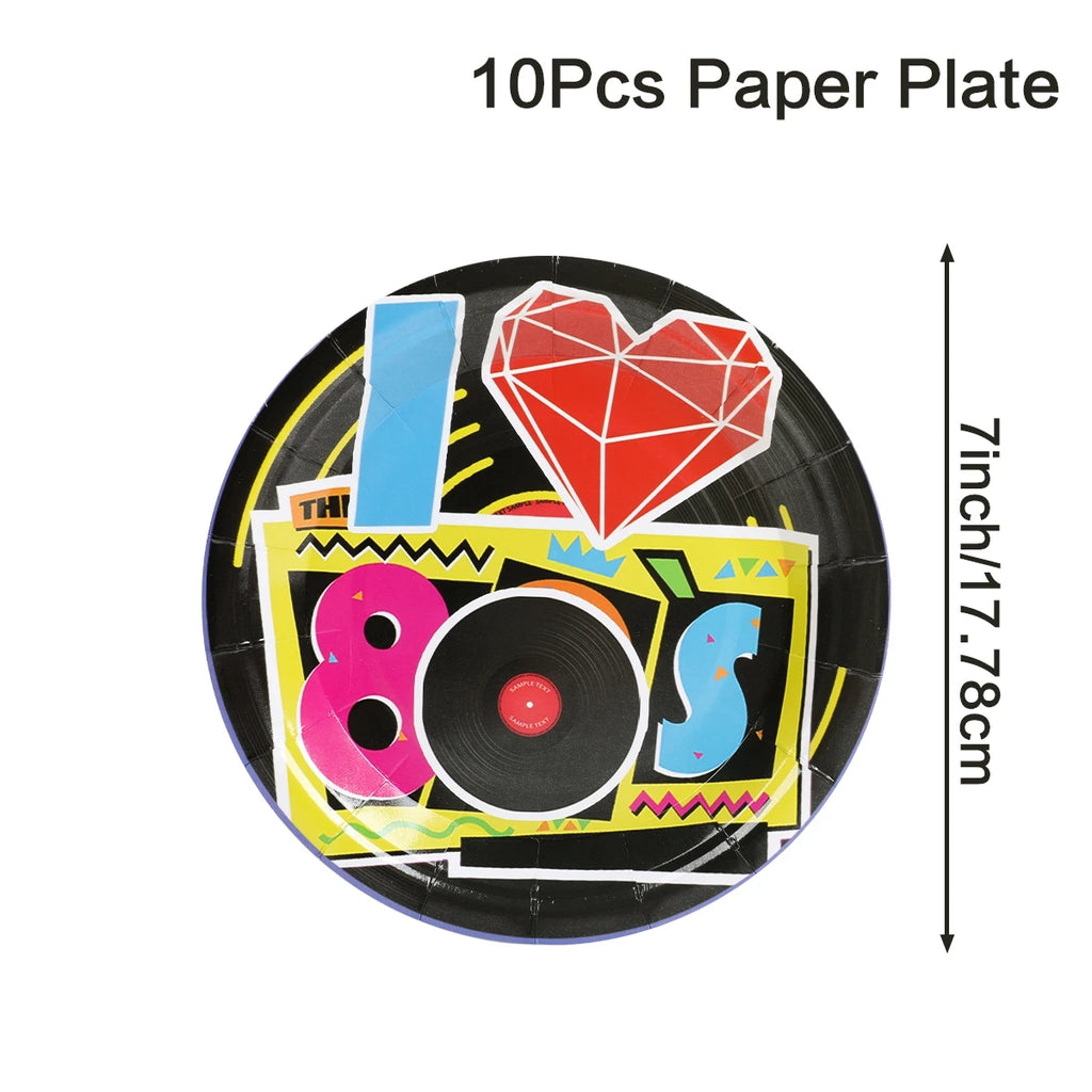 80’s Party Tableware Set 1980s Birthday Hip Hop Party Table Decorations Supplies Back to the 80’s Plates Napkins Cup Tablecloth