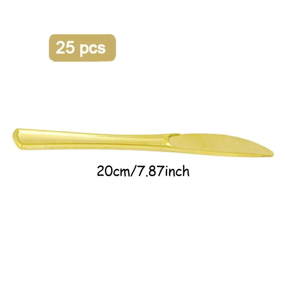 25pcs Party Tableware Set Golden Cutlery Tableware for Dinner Wear-Resistant Dinnerware with Comfortable Grip for Wedding Picnic