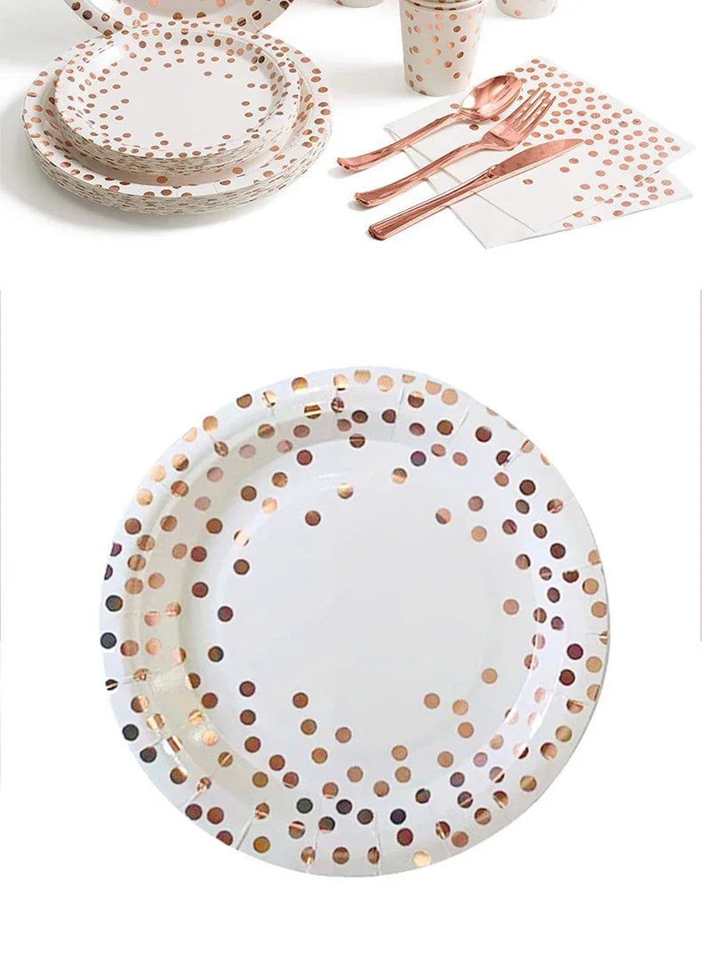 Rose Gold Party Tableware Kit Table Cloth Knife Fork Spoon Paper Cup Plate Straws Baby Shower Wedding Birthday Party Decorations