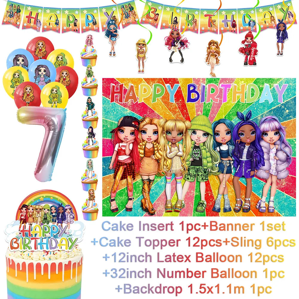 Cartoon Rainbow Doll High School Theme Background Birthday Party Decoration Supplies Disposable Cup Cutlery Balloon Baby Gift