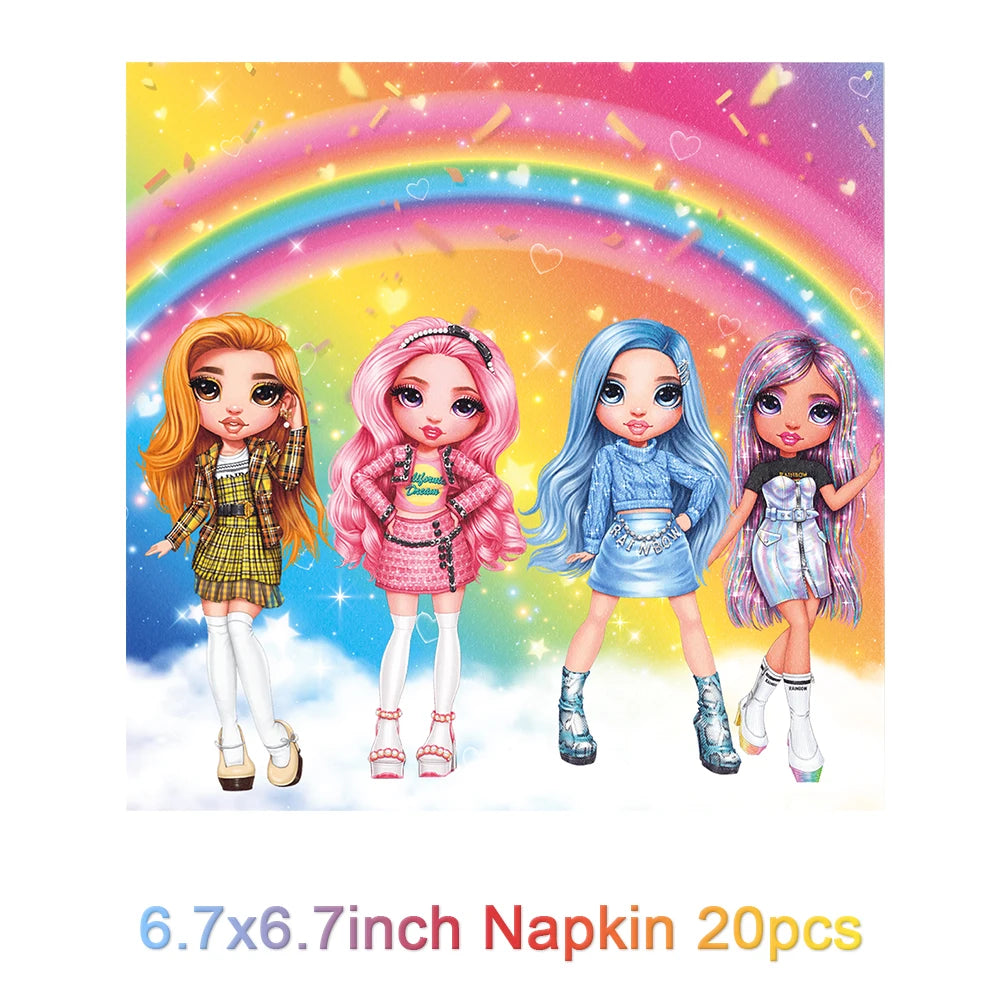 Cartoon Rainbow Doll High School Theme Background Birthday Party Decoration Supplies Disposable Cup Cutlery Balloon Baby Gift