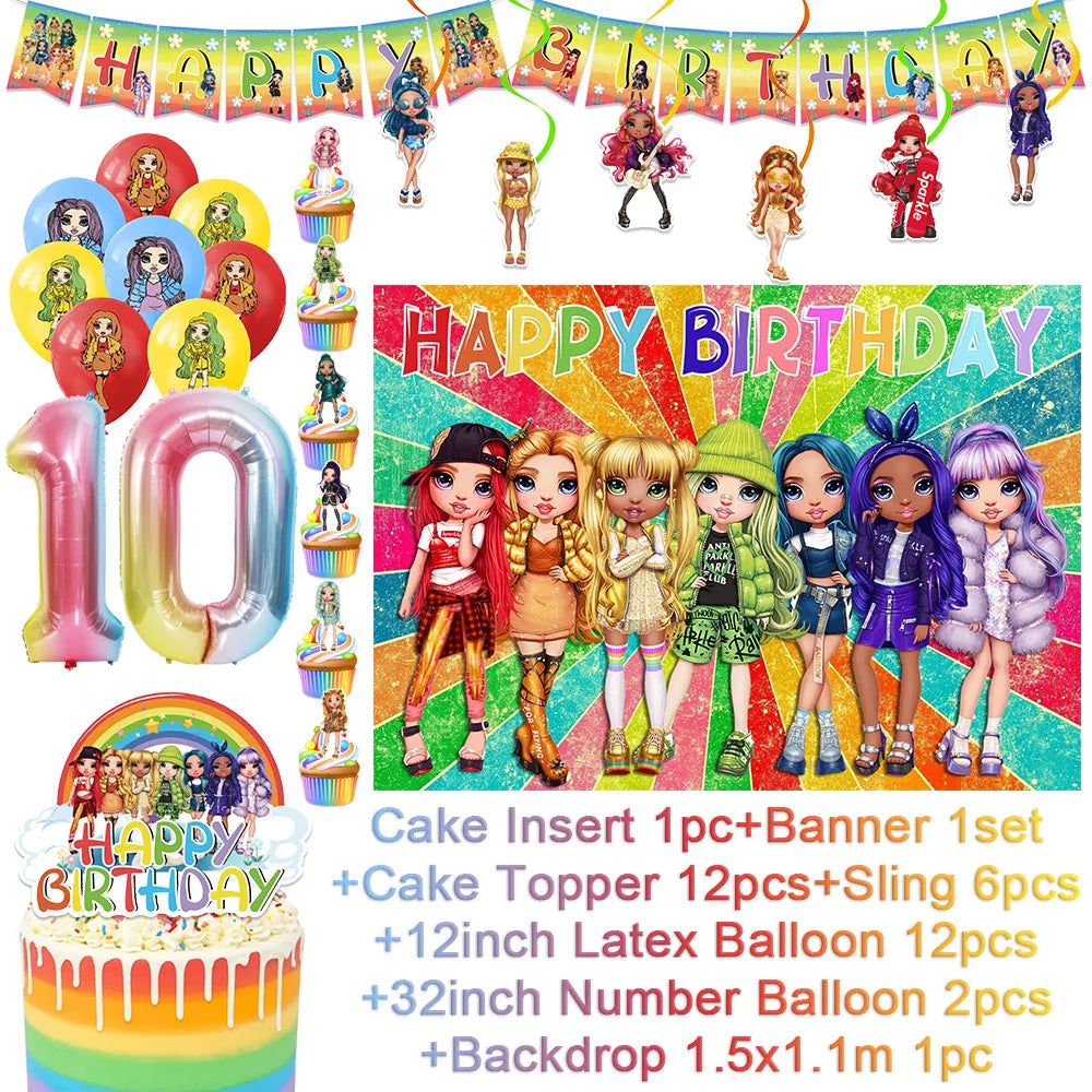 Cartoon Rainbow Doll High School Theme Background Birthday Party Decoration Supplies Disposable Cup Cutlery Balloon Baby Gift