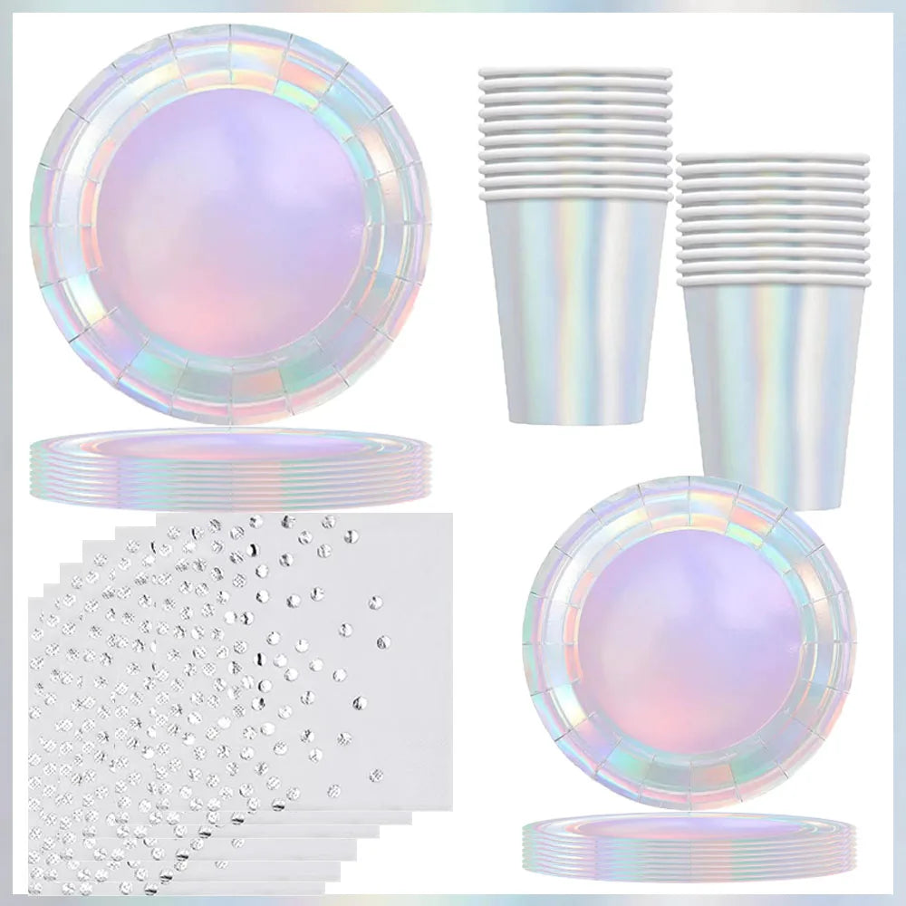 Iridescent Party Decorations Tableware Supplies,Holographic Paper Plate,Cup,Napkin,Tablecloth,Cutlery,For Birthday Wedding Party