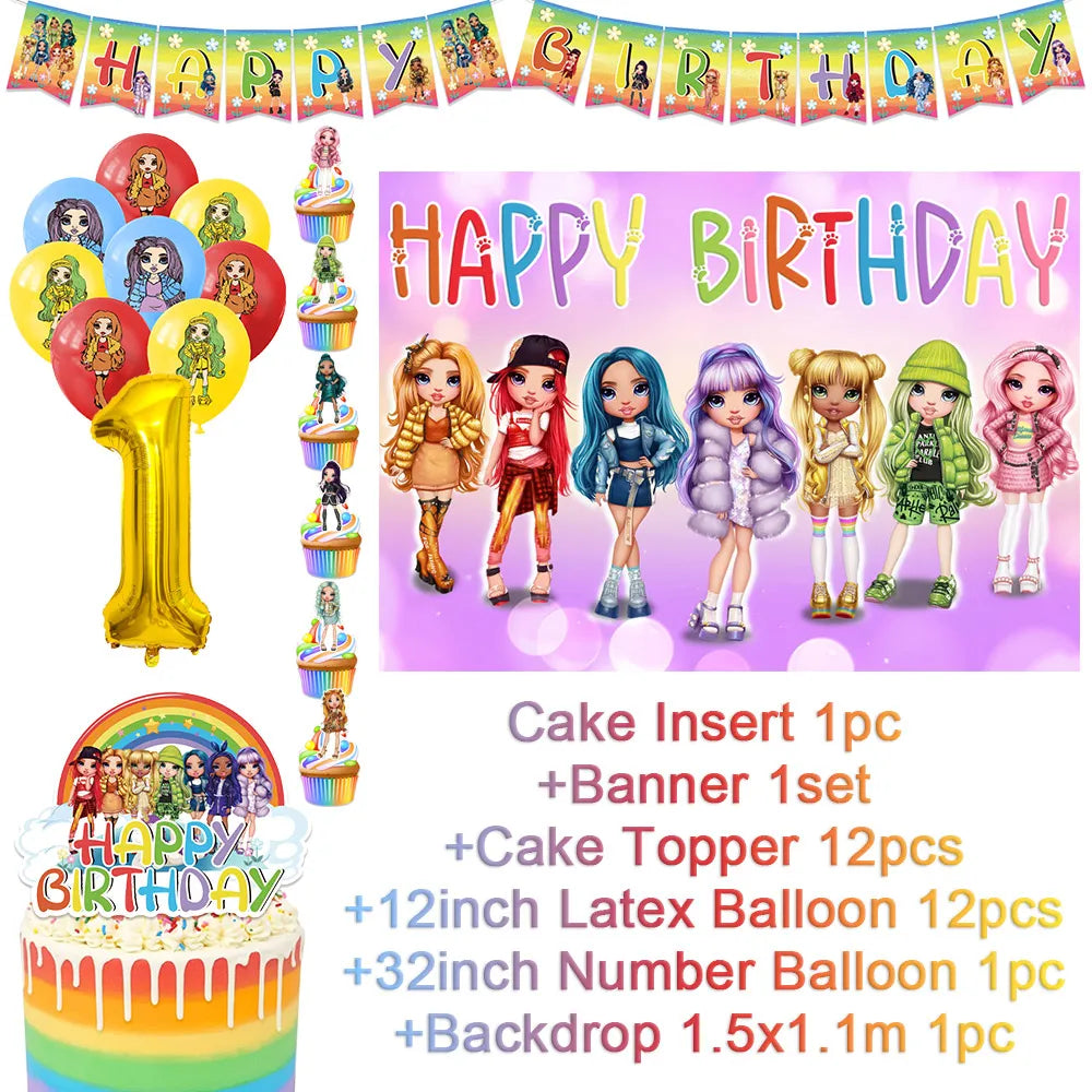 Cartoon Rainbow Doll High School Theme Background Birthday Party Decoration Supplies Disposable Cup Cutlery Balloon Baby Gift
