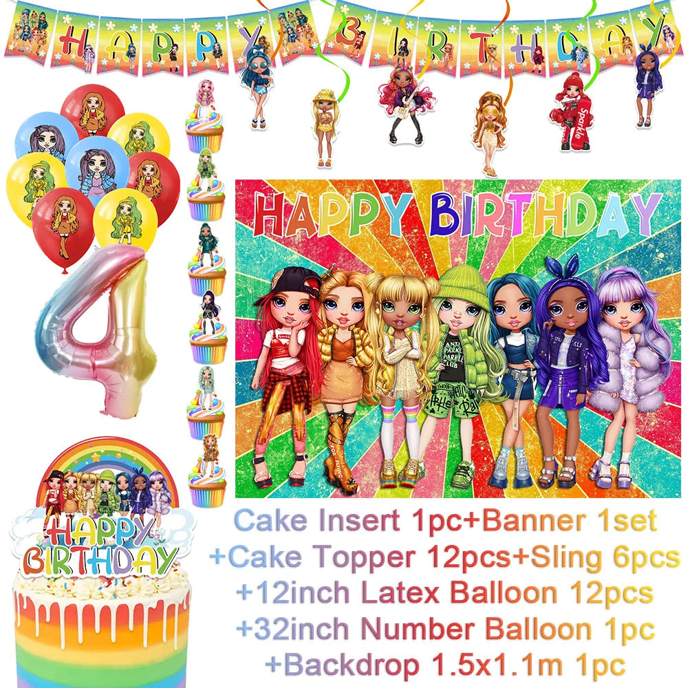 Cartoon Rainbow Doll High School Theme Background Birthday Party Decoration Supplies Disposable Cup Cutlery Balloon Baby Gift