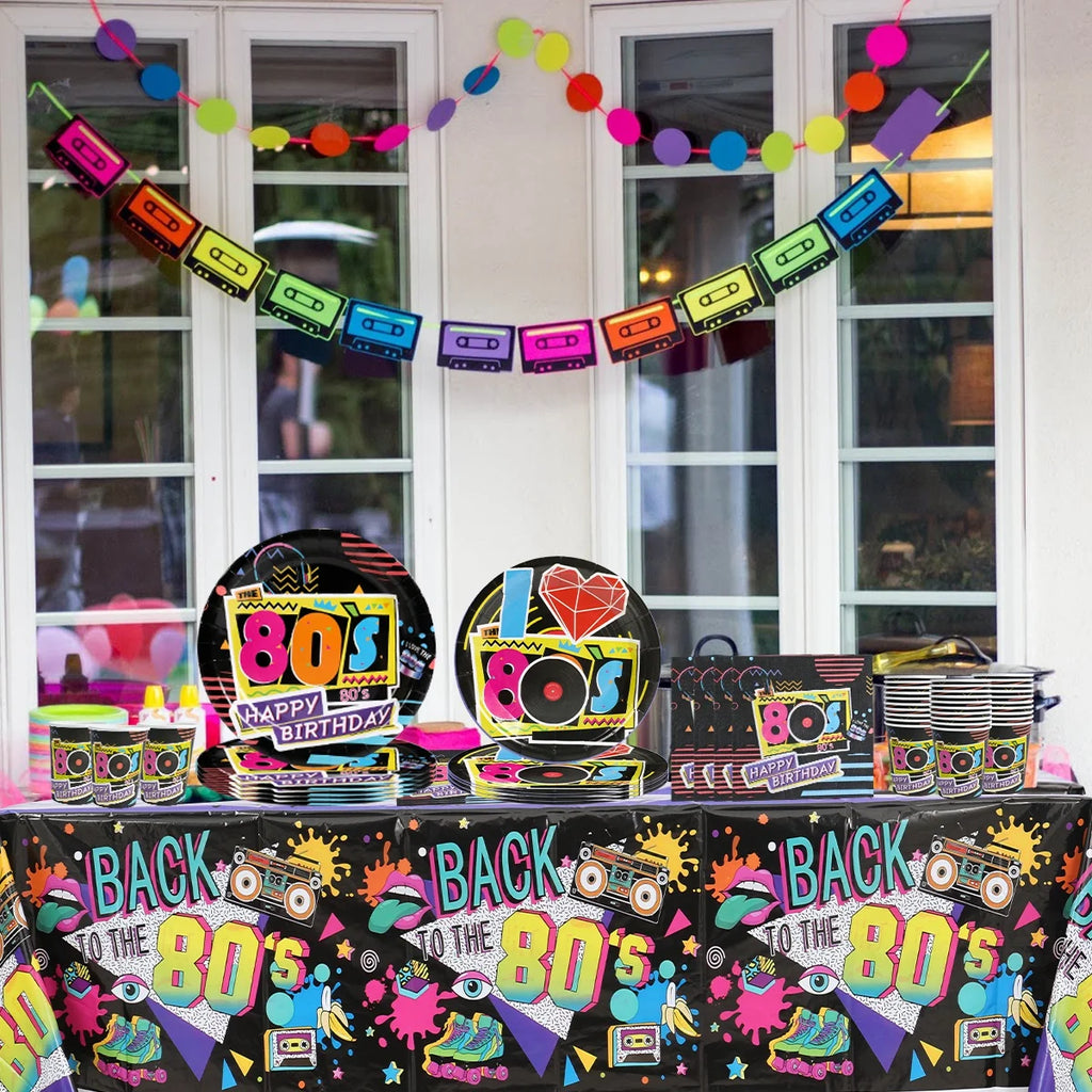 80’s Party Tableware Set 1980s Birthday Hip Hop Party Table Decorations Supplies Back to the 80’s Plates Napkins Cup Tablecloth