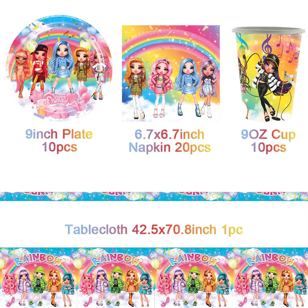 Cartoon Rainbow Doll High School Theme Background Birthday Party Decoration Supplies Disposable Cup Cutlery Balloon Baby Gift