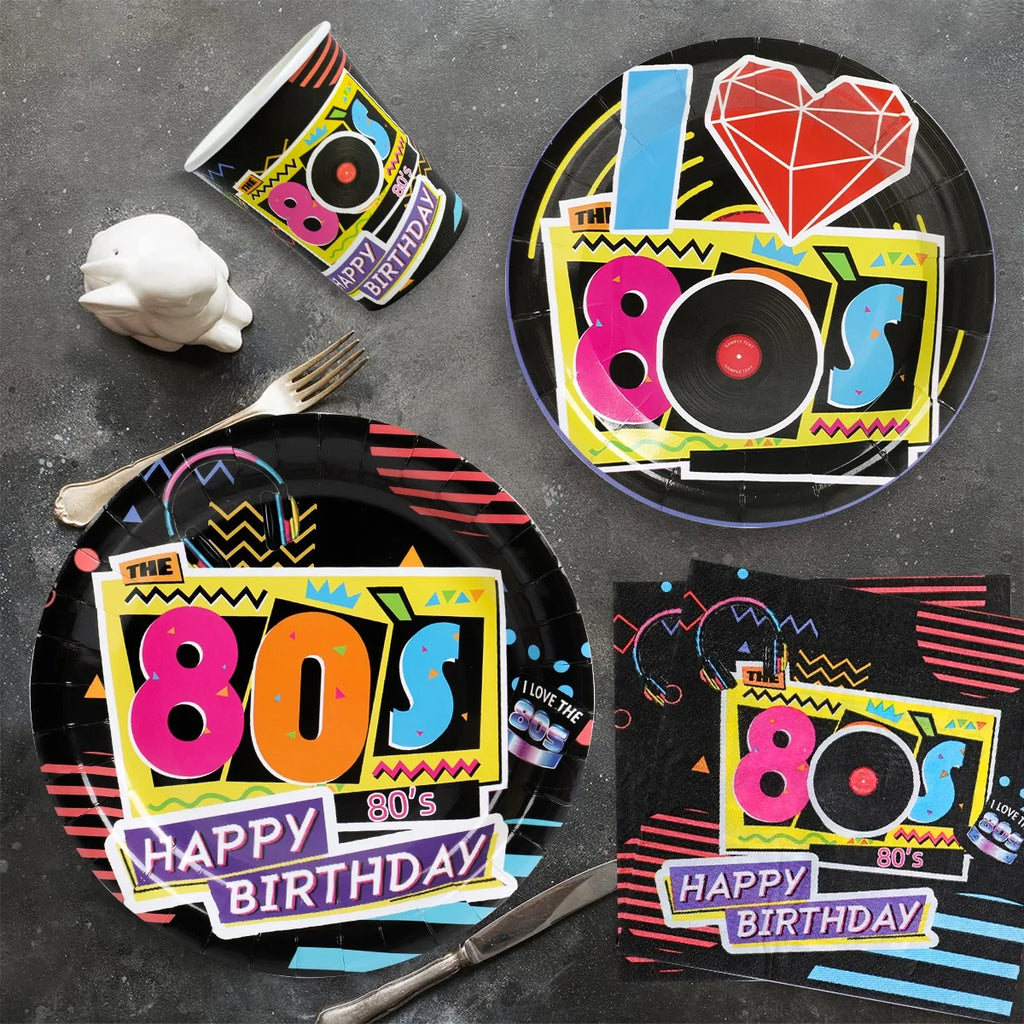 80’s Party Tableware Set 1980s Birthday Hip Hop Party Table Decorations Supplies Back to the 80’s Plates Napkins Cup Tablecloth