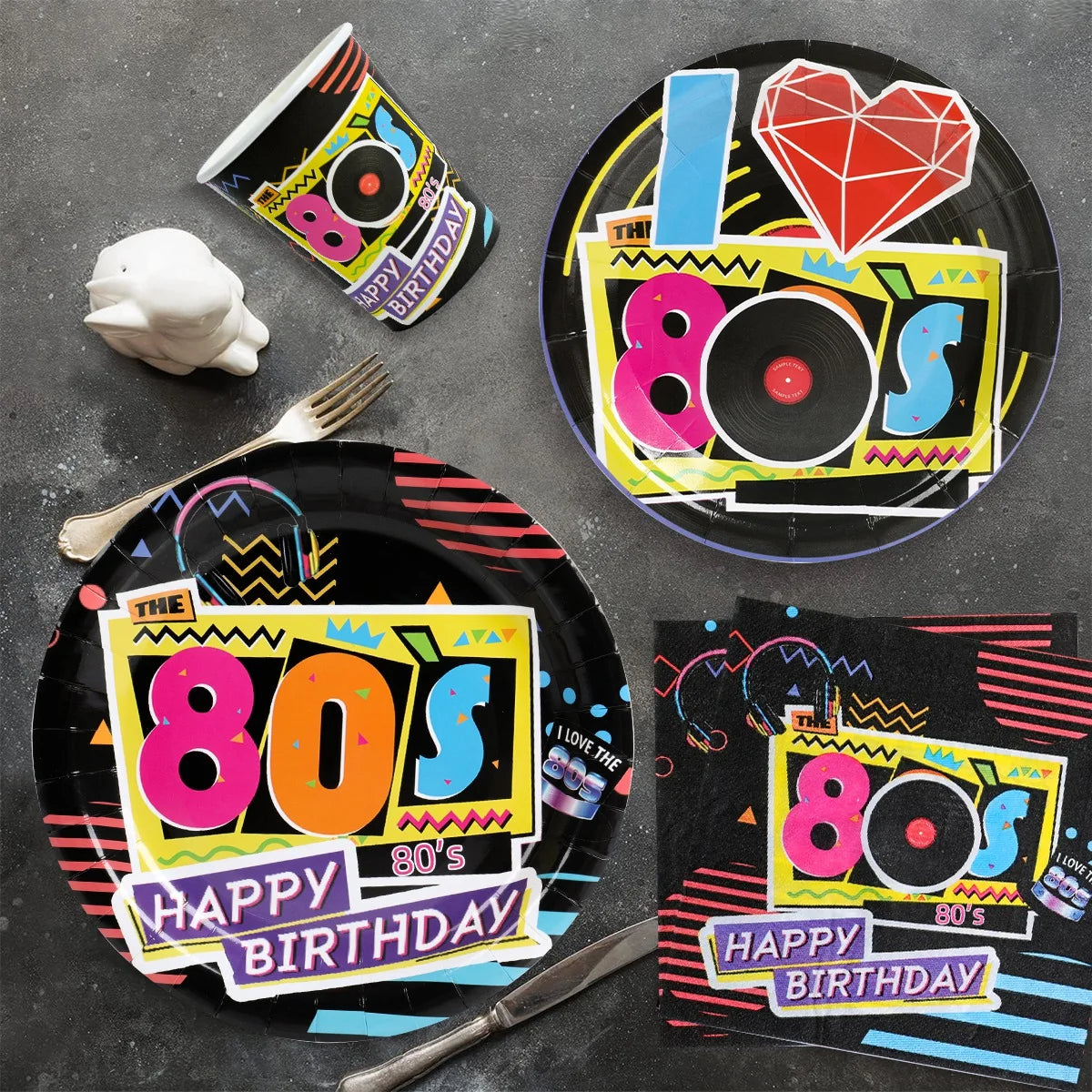 80’s Party Tableware Set 1980s Birthday Hip Hop Party Table Decorations Supplies Back to the 80’s Plates Napkins Cup Tablecloth
