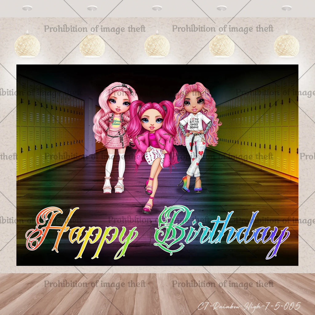 Cartoon Rainbow Doll High School Theme Background Birthday Party Decoration Supplies Disposable Cup Cutlery Balloon Baby Gift