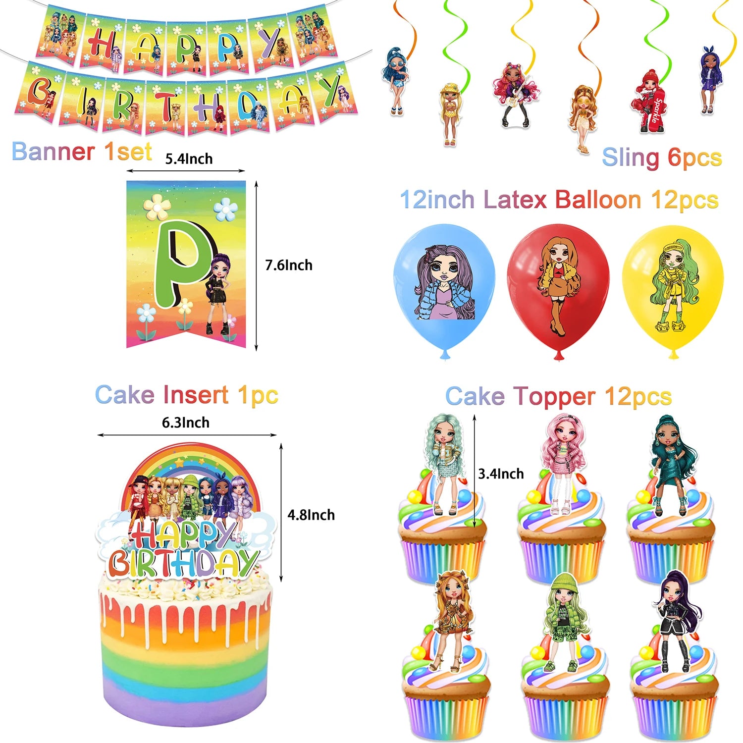 Cartoon Rainbow Doll High School Theme Background Birthday Party Decoration Supplies Disposable Cup Cutlery Balloon Baby Gift