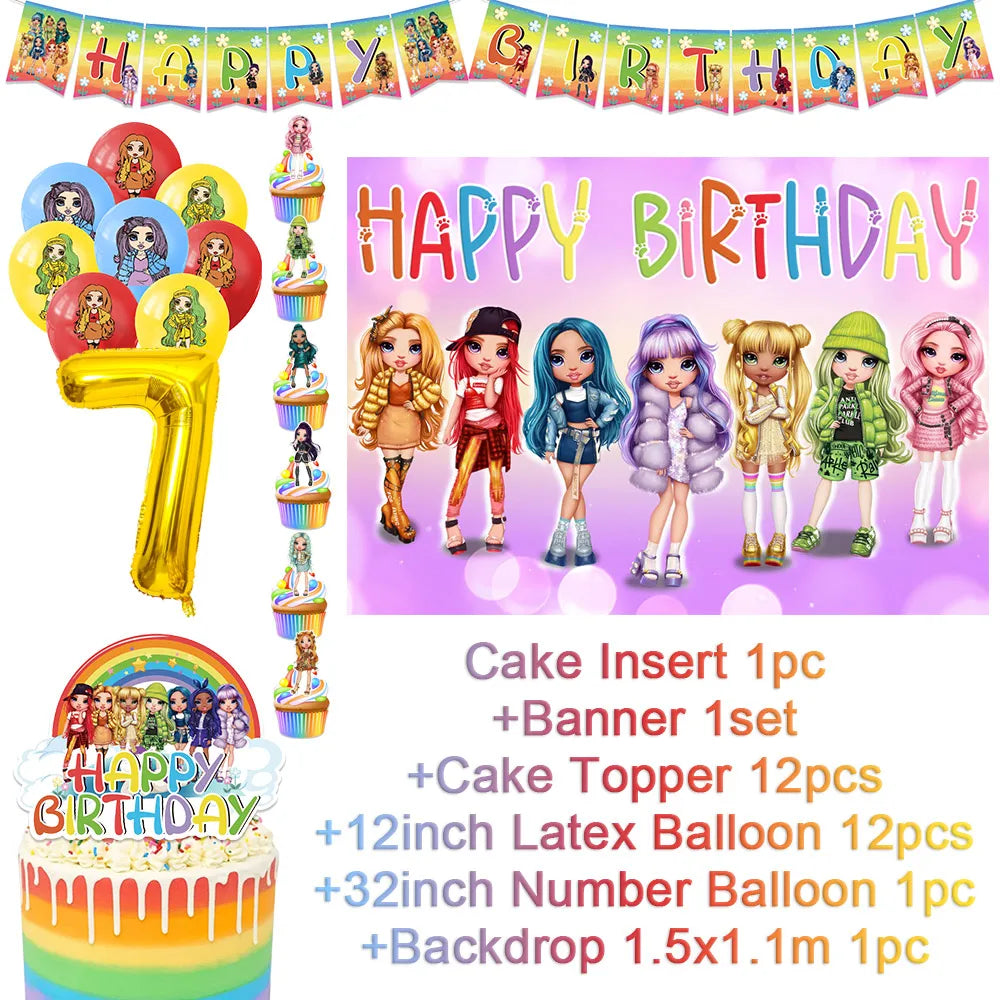Cartoon Rainbow Doll High School Theme Background Birthday Party Decoration Supplies Disposable Cup Cutlery Balloon Baby Gift