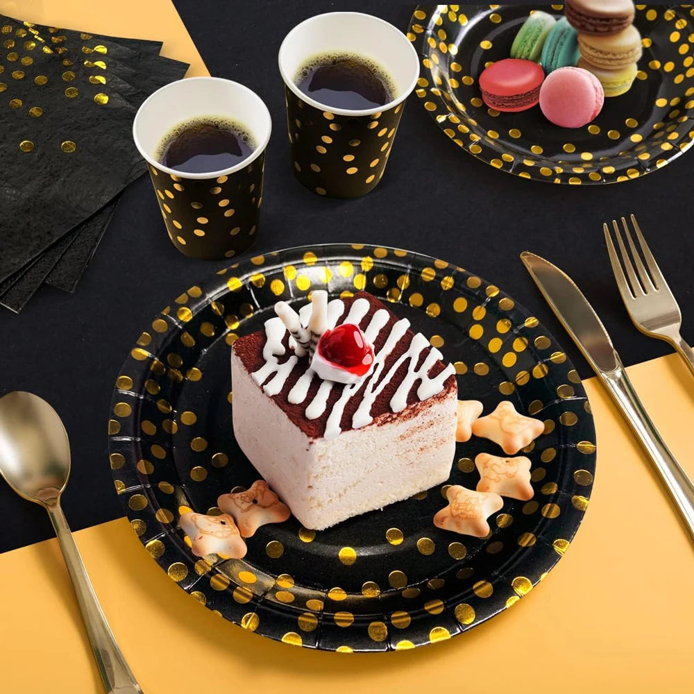 Black and Gold Party Supplies Disposable Party Tableware Gold Dot Paper Plate Black Napkin Cup for Graduation Birthday Wedding